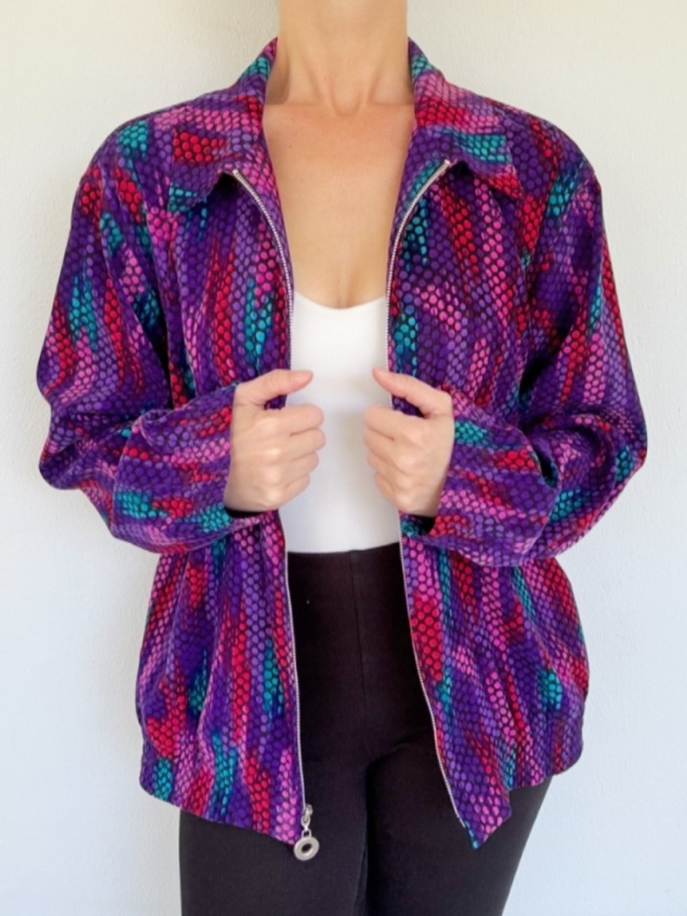 Vintage Leslie Fay haberdashery colorful purple dot full zip track jacket size 8